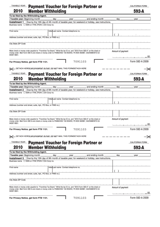 Fillable Californiaform 592-A - Payment Voucher For Foreign Partner Or Member Withholding - 2010 Printable pdf