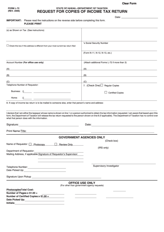 Fillable Form L-72 - Request For Copies Of Income Tax Return - 2006 Printable pdf