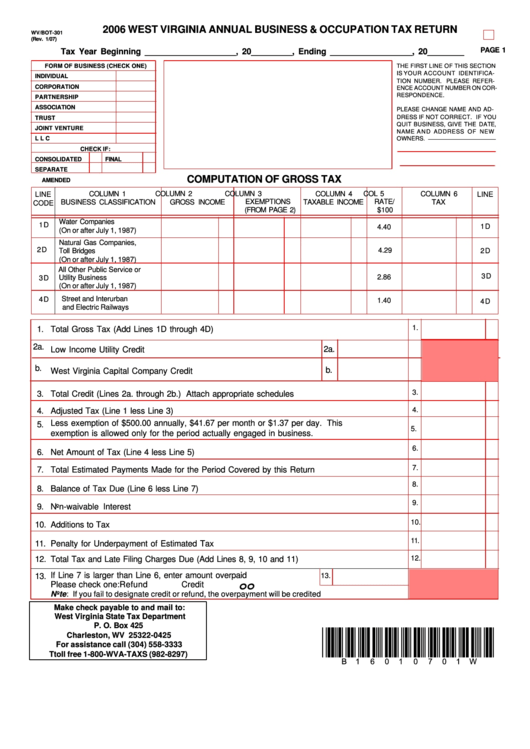 Form Wv/bot301 West Virginia Annual Business & Occupation Tax Return