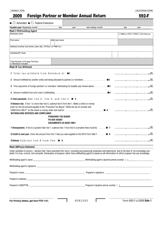 Fillable California Form 592-F - Foreign Partner Or Member Annual Return - 2009 Printable pdf