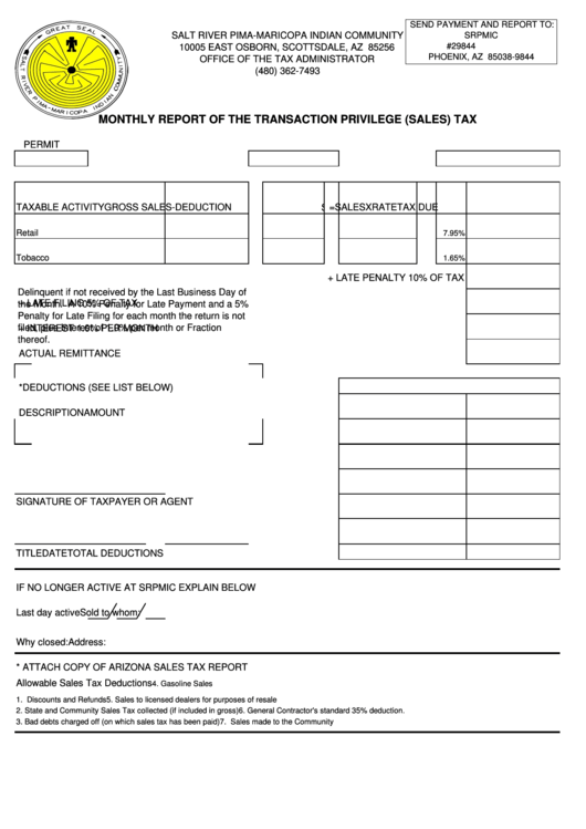 Salt River Pima-Maricopa Indian Community Monthly Report Of The Transaction Privilege (Sales) Tax Form Printable pdf