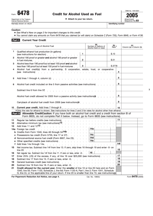Fillable Form 6478 - Credit For Alcohol Used As Fuel - 2005 Printable pdf