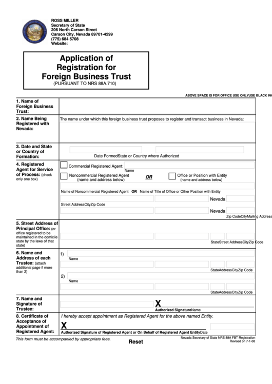 Fillable Application Of Registration For Foreign Business Trust Form Printable pdf