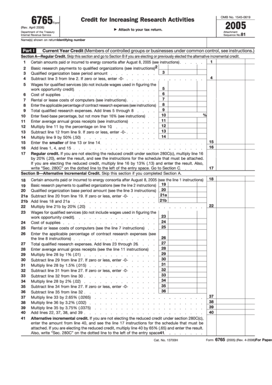Fillable Form 6765 - Credit For Increasing Research Activities - 2005 Printable pdf