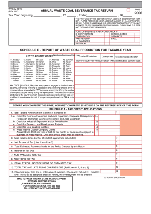Form Wv/sev-401w - Annual Waste Coal Severance Tax Return - 2006 Printable pdf