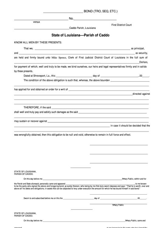Fillable Bond Form - State Of Louisiana - Parish Of Caddo Printable pdf