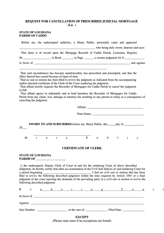 Request For Cancellation Of Prescribed Judicial Mortgage Form Printable pdf