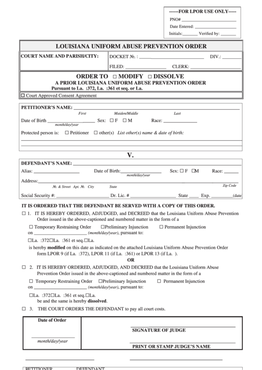 Form Lpor 14 V.8 - Louisiana Uniform Abuse Prevention Order Printable pdf