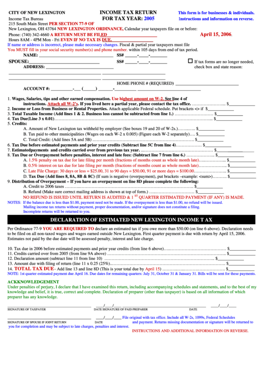 City Of New Lexington Income Tax Return - 2005 Printable pdf