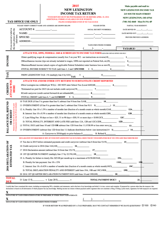 New Lexington Income Tax Return Form 2015 Printable pdf