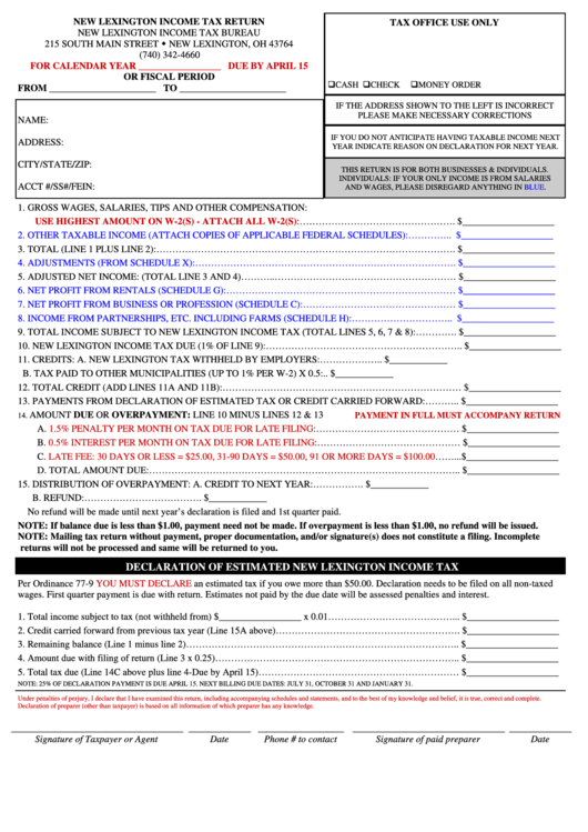 New Lexington Income Tax Return Form Printable pdf