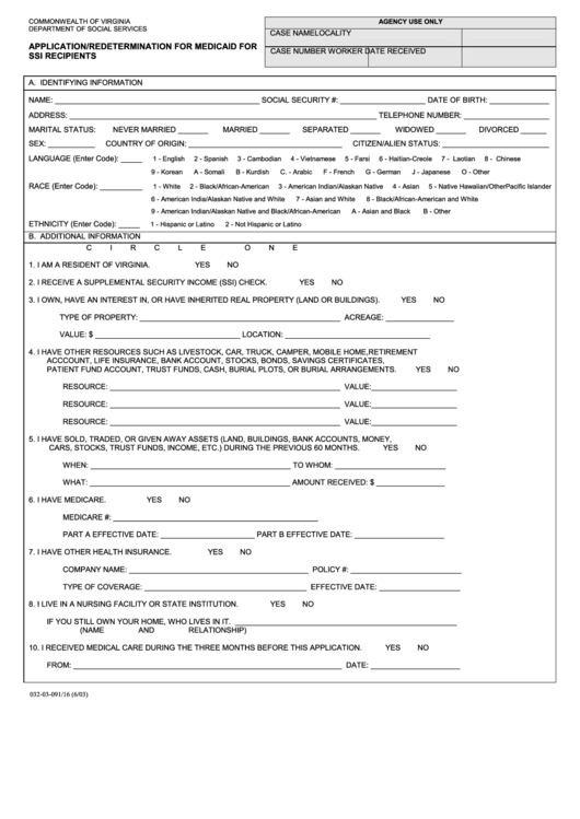 Application/redetermination For Medicaid For Ssi Recipients Template - Virginia Department Of Social Service - 2003 Printable pdf
