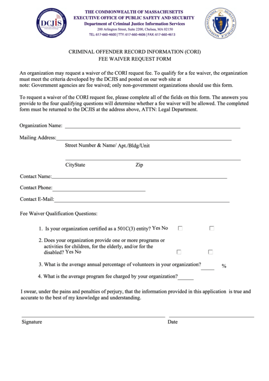Criminal Offender Record Information (cori) Fee Waiver Request Form