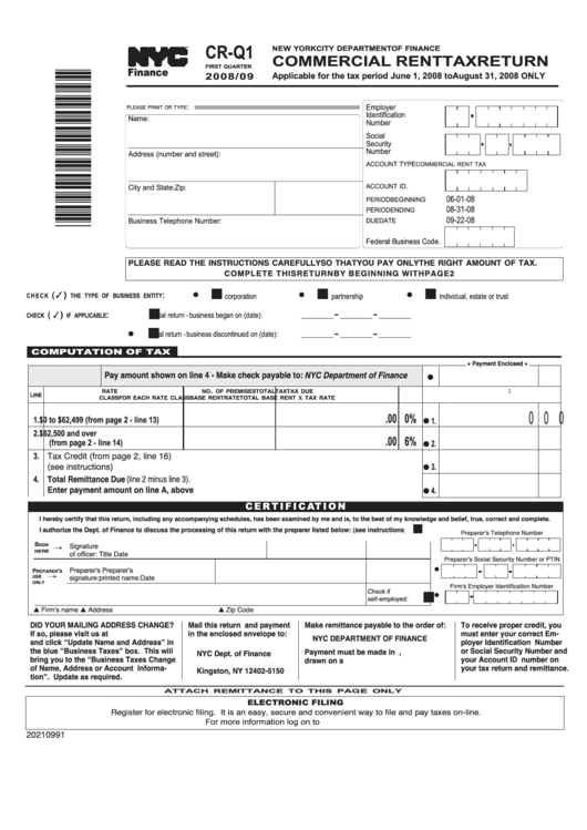 Form Cr-Q1 - Commercial Rent Tax Return - 2008/09 Printable pdf