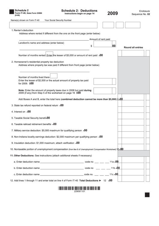 Fillable Form It-40 - Schedule 2: Deductions - 2009 Printable pdf