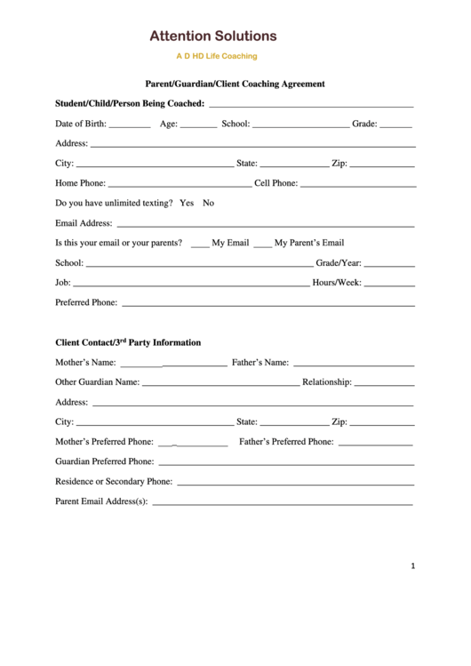 Parent/guardian/client Coaching Agreement Form - A T T E N T I O N S O L U T I O N S Printable pdf