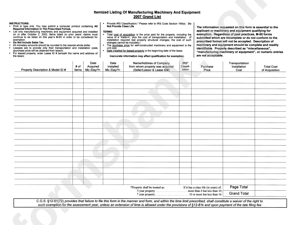 Form M-65-1 - Manufacturing Machinery And Equipment Exemption Claim 2007