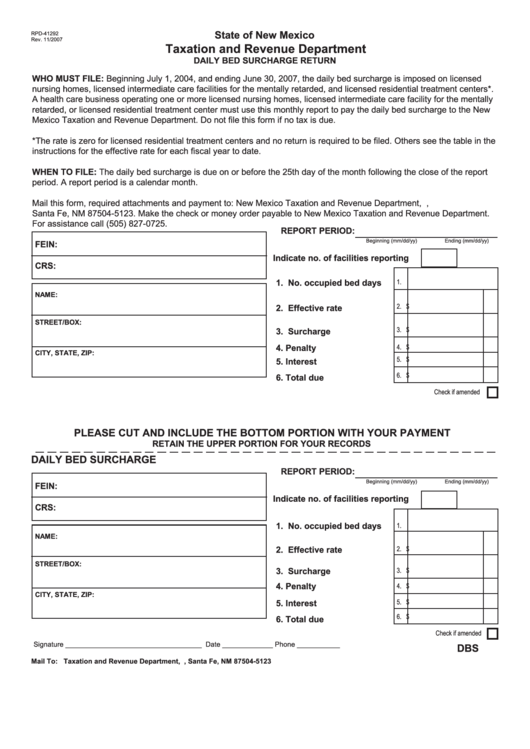 Form Rpd-41292 - Daily Bed Surcharge Return Printable pdf