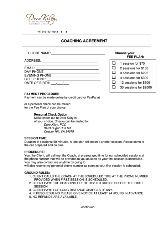Sample Coach Agreement Form Printable pdf