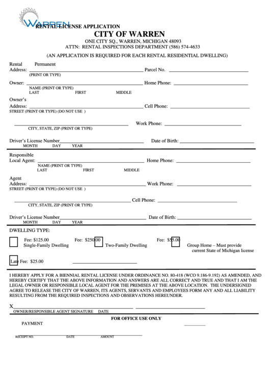 Rental License Application Form - City Of Warren Printable pdf