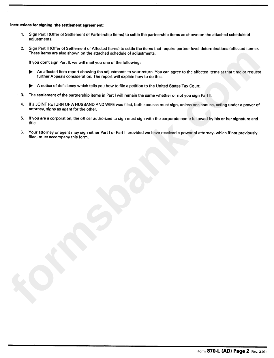 Instructions For Signing The Settlement Agreement Form 870-L Sheet