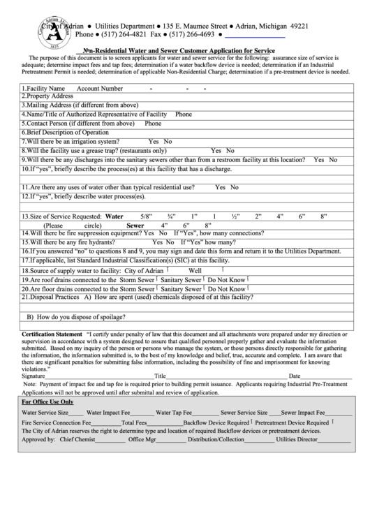 Application Form For Non-Residential Water And Sewer Customer Service Printable pdf