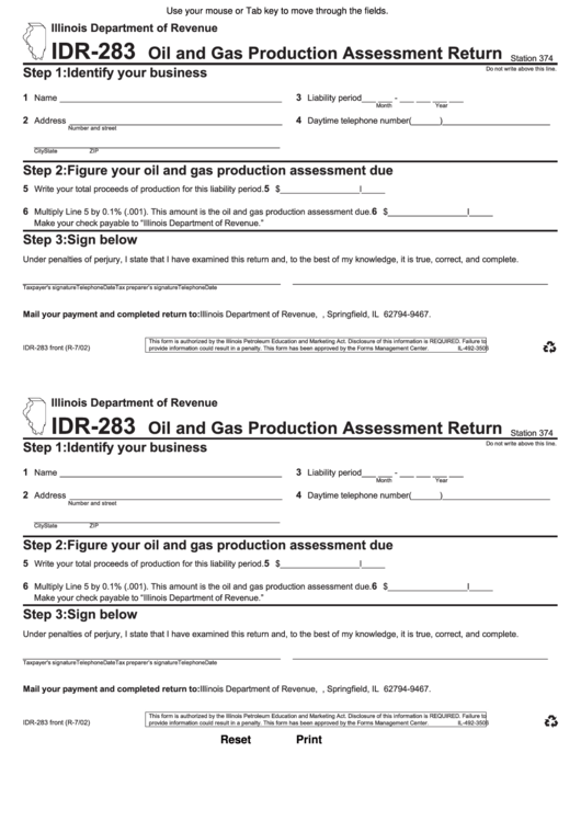 Fillable Form Idr-283 - Oil And Gas Production Asssessment Return - 2002 Printable pdf