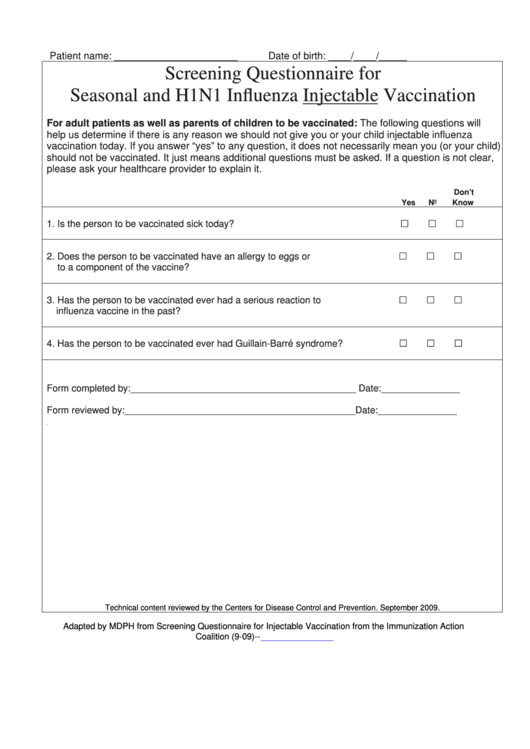 Screening Questionnaire Or Seasonal And H1n1 Influenza Injectable Vaccination Form Printable pdf