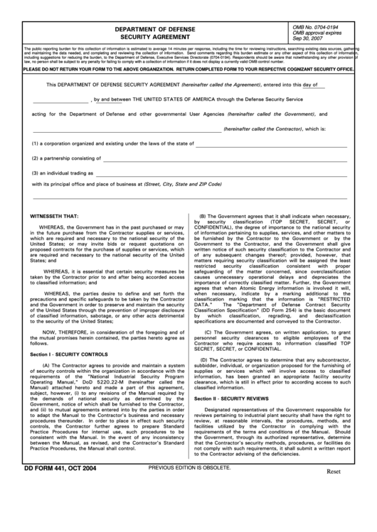 Fillable Form Dd 441 (Back) - Department Of Defense Security Agreement -Form Tc-20s Printable pdf