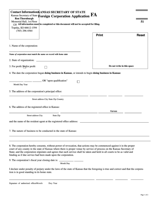 Fillable Form Fa 51 - Foreign Corporation Application Printable pdf