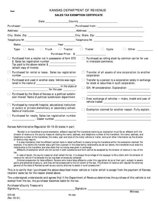 Fillable Form Std 8e - Sales Tax Exemption Certificate - Kansas Department Of Revenue - 1981 Printable pdf