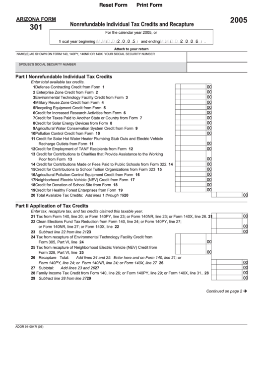 Fillable Arizona Form 301 - Nonrefundable Individual Tax Credits And Recapture 2005 Printable pdf