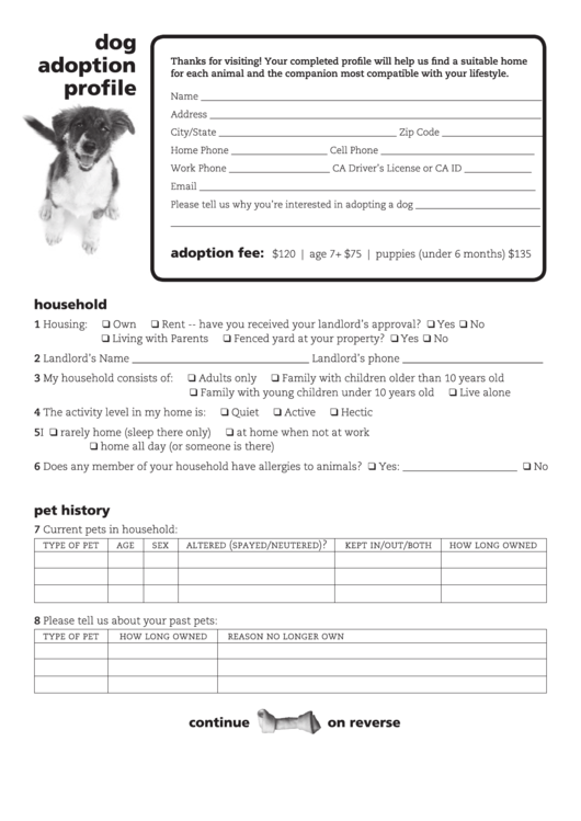 Dog Adoption Profile Form Printable pdf