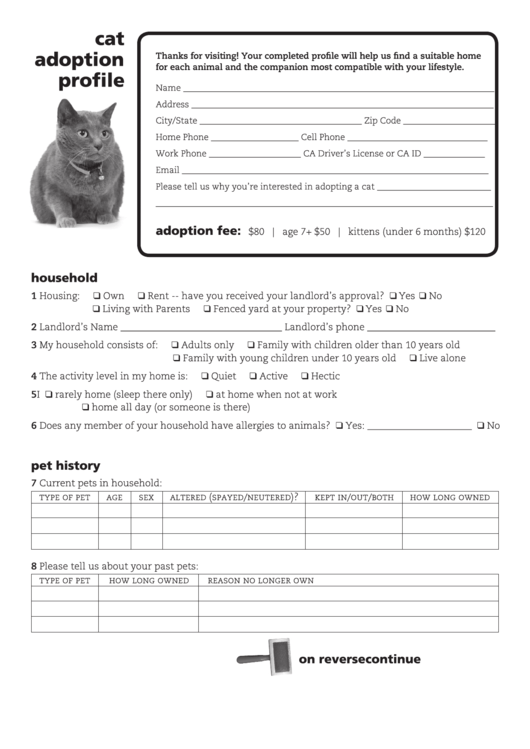 Cat Adoption Profile Form printable pdf download