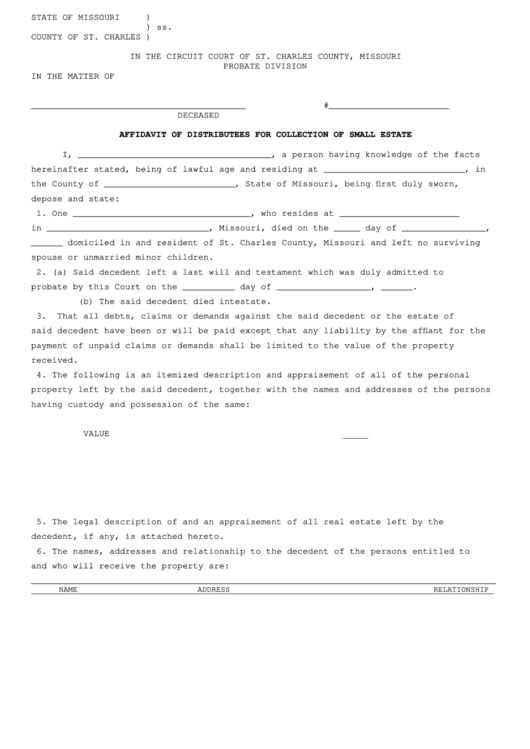 Fillable Affidavit Of Distributees For Collection Of Small Estate Form Printable pdf