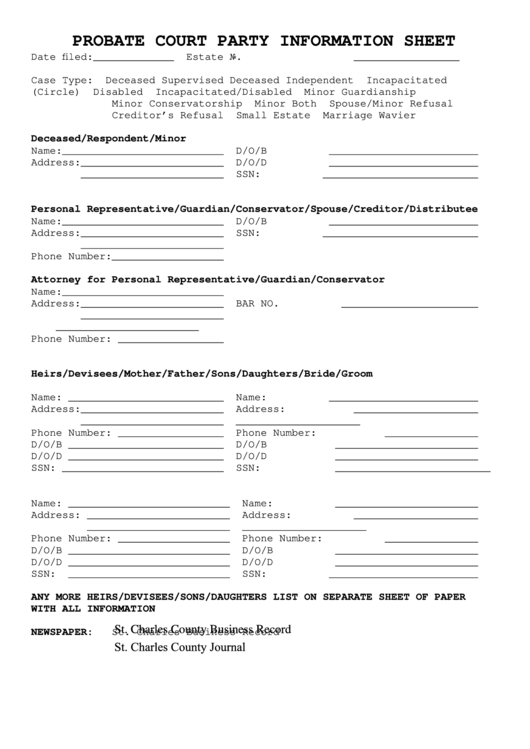 Probate Court Party Information Sheet printable pdf download