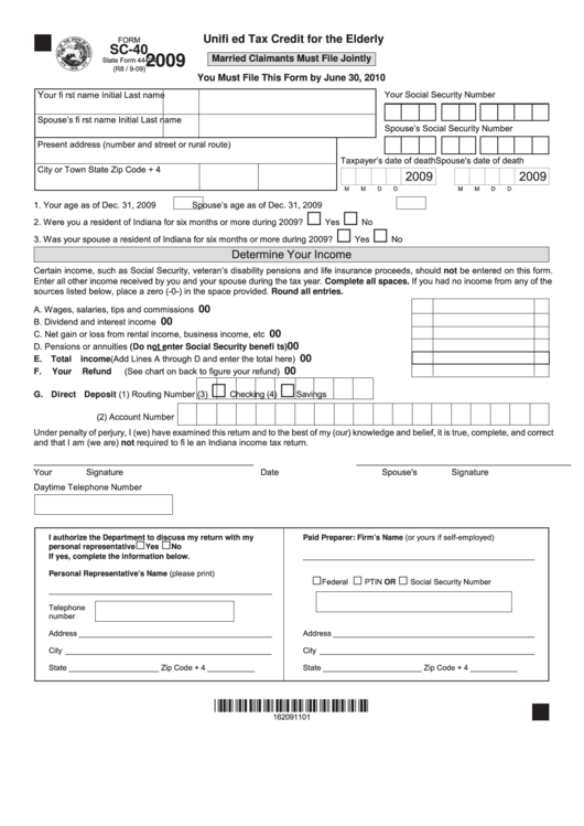 Fillable Form Sc-40 - Unified Tax Credit For The Elderly - 2009 Printable pdf