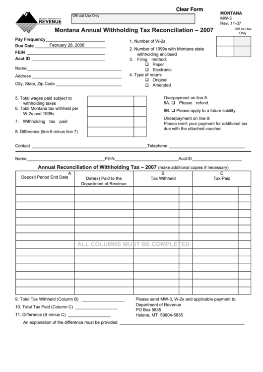 Fillable Form Mw-3 - Montana Annual Withholding Tax Reconciliation - 2007 Printable pdf