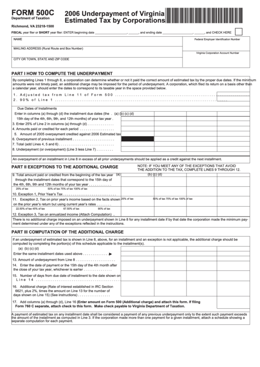 Form 500c - Underpayment Of Virginia Estimated Tax By Corporations - 2006 Printable pdf