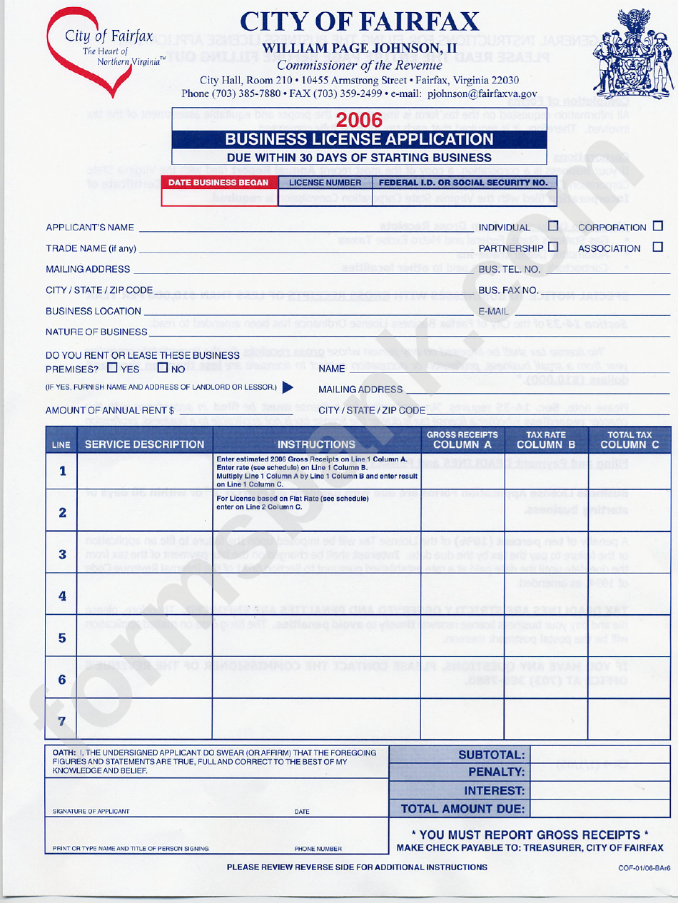 City Of Fairfax Business License Application Form 2006