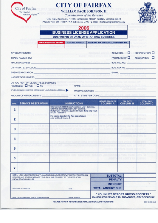 City Of Fairfax Business License Application Form 2006 Printable pdf
