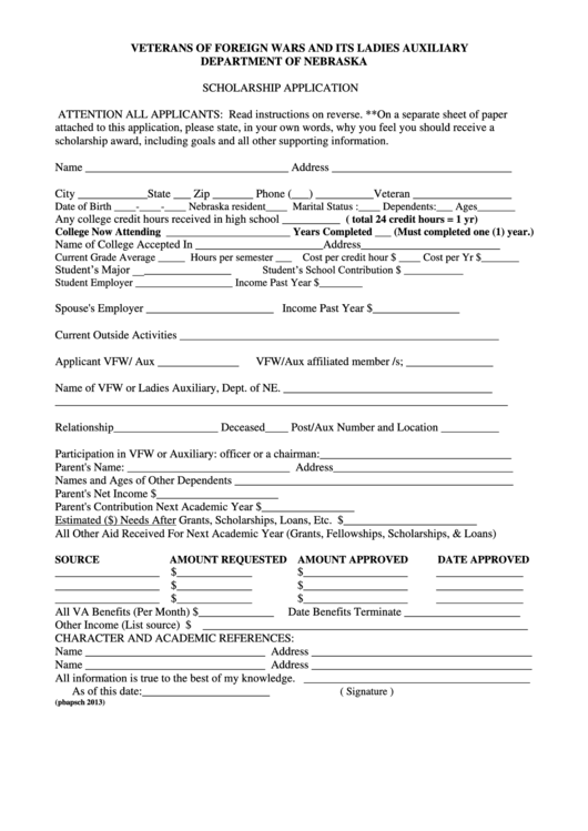 Scholarship Application Form - Veterans Of Foreign Wars And Its Ladies Auxiliary Department Of Nebraska Printable pdf