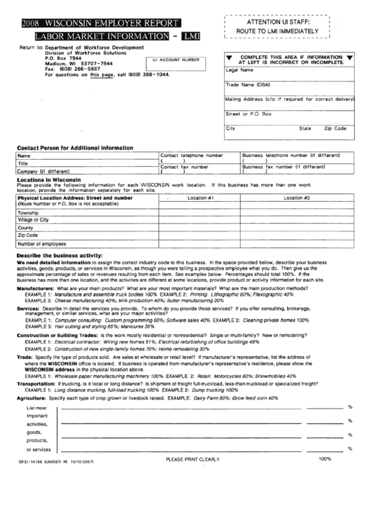 Form Lm1 - 2008 Wisconsin Employer Report Labor Market Information Printable pdf