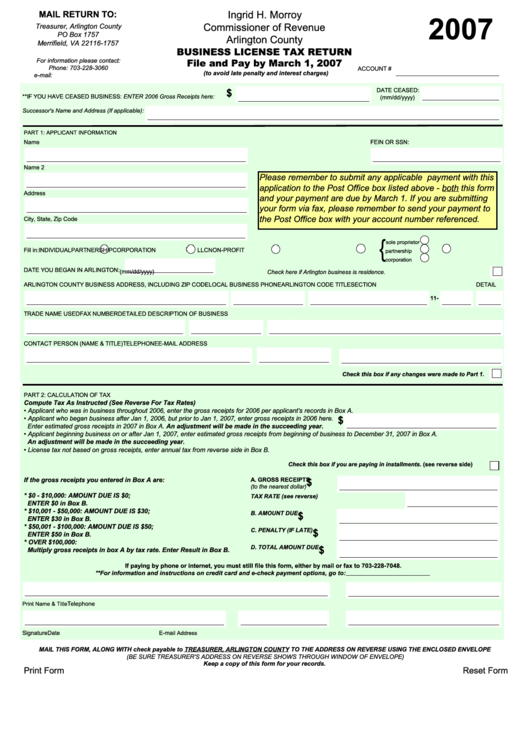 Fillable Arlington County Business License Tax Return Form 2007 Printable pdf