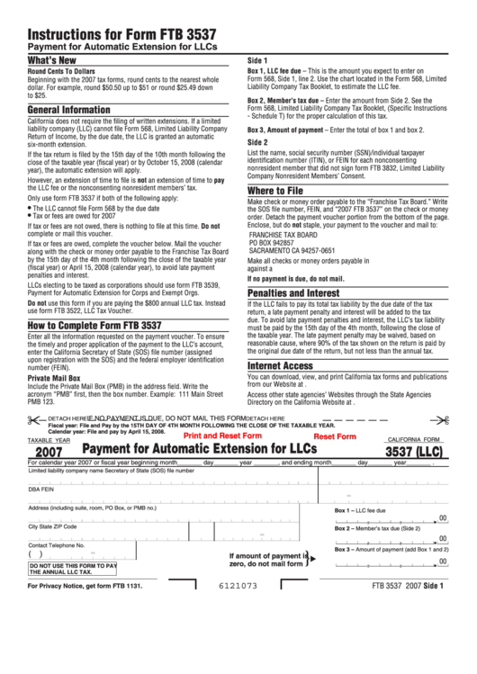 California Form 3537 (Llc) - Payment For Automatic Extension For Llcs - 2007 Printable pdf