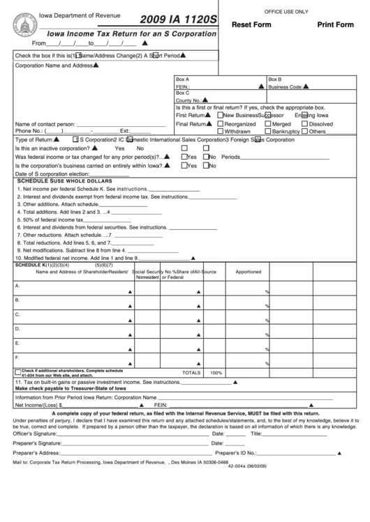 Fillable Form Ia 1120s - Iowa Income Tax Return For An S Corporation - 2009 Printable pdf