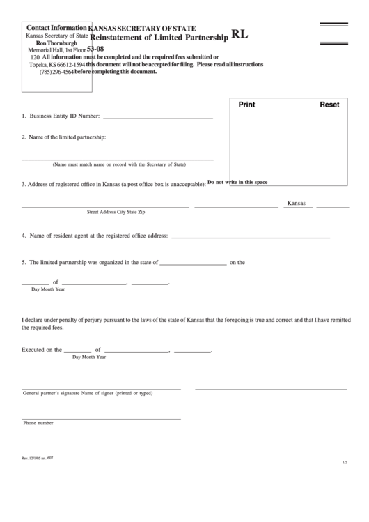 Fillable Form Rl 53-08 - Reinstatement Of Limited Partnership Printable pdf