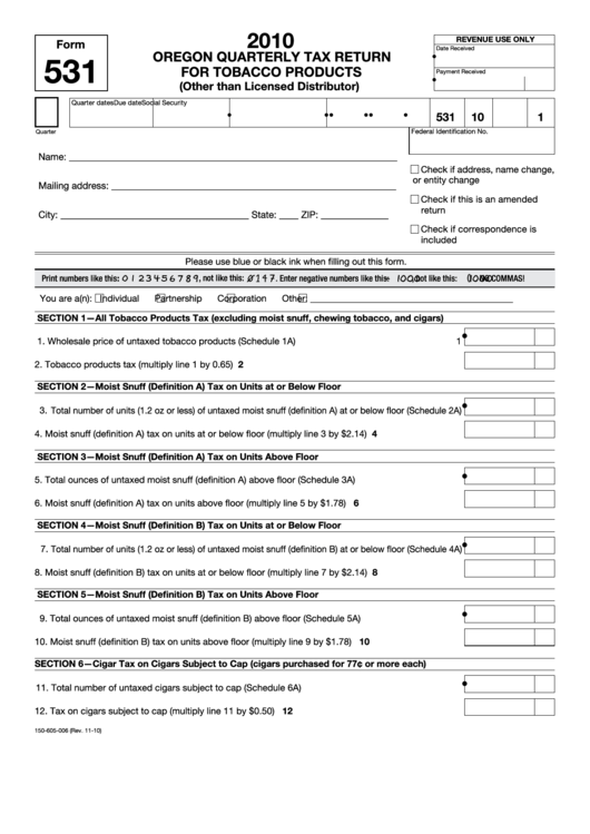 Fillable Form 531- Oregon Quarterly Tax Return (Other Than Licensed Distributor) - 2010 Printable pdf