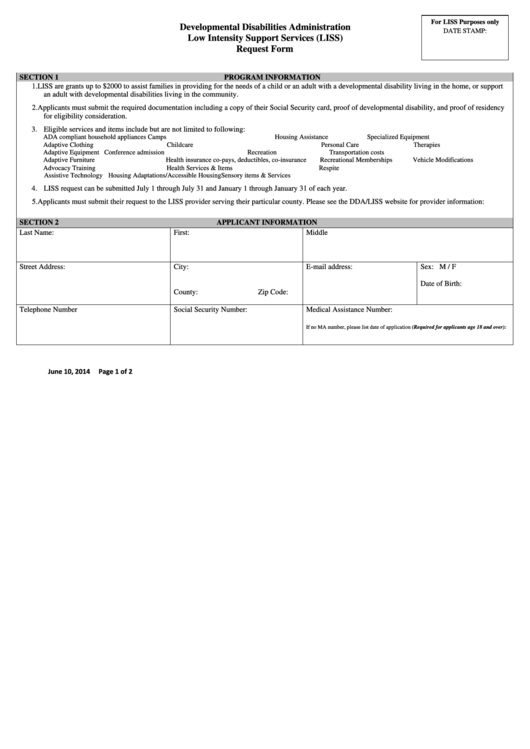 Low Intensity Support Services (Liss) Request Form - Developmental Disabilities Administration - 2014 Printable pdf