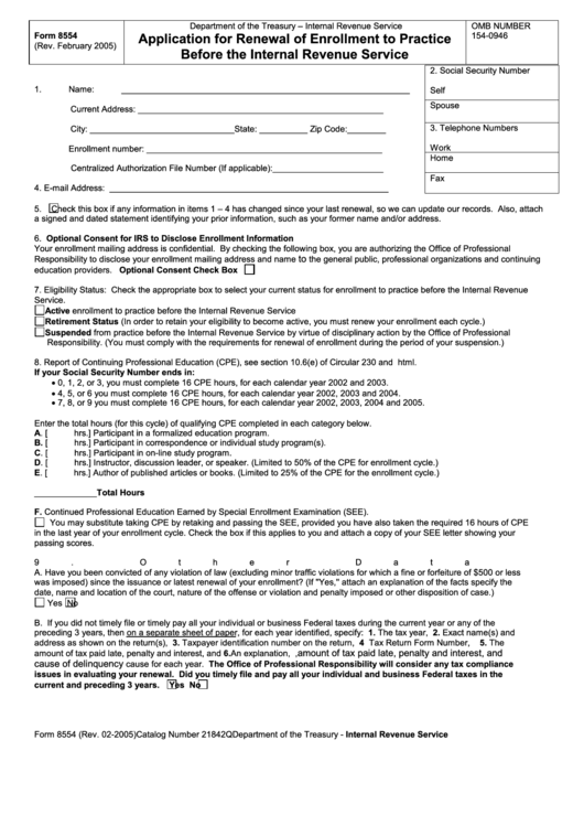 Fillable Form 8554 - Application For Renewal Of Enrollment To Practice Before The Internal Revenue Service (2005) Printable pdf